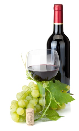 Red wine glass, bottle and grapes. Isolated on white backgroundの写真素材