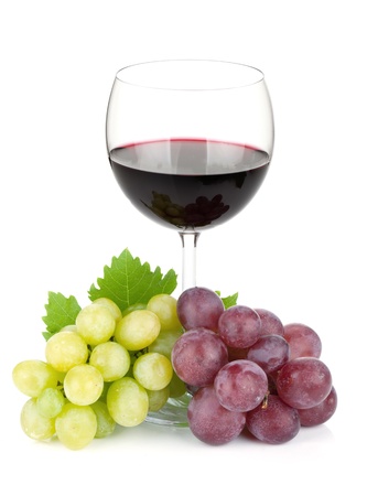 Red wine glass and grapes. Isolated on white backgroundの写真素材