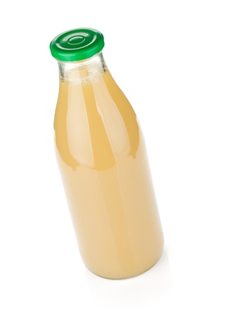 Pear juice glass bottle. Isolated on white backgroundの写真素材