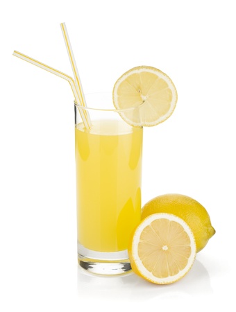 Lemon juice glass and fresh lemons. Isolated on white backgroundの写真素材