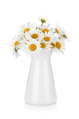 Chamomile bouquet in vase. Isolated on white backgroundの写真素材