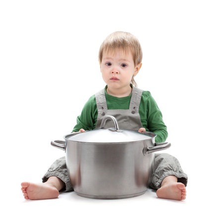 Baby with saucepan. Isolated on white backgroundの写真素材