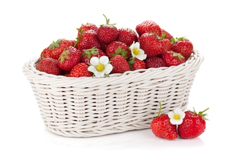 Basket of ripe strawberries  Isolated on white backgroundの写真素材