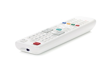 White remote control. Small DOF, focus on power button. Isolated on white backgroundの写真素材