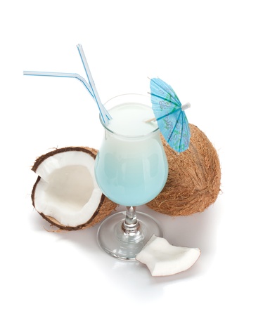 Blue hawaii cocktail and coconuts.View from above. Isolated on white backgroundの写真素材