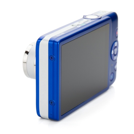 Blue compact camera. Rear view. Isolated on white backgroundの写真素材
