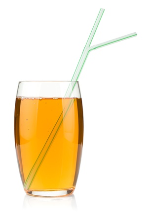Apple juice in a glass with drinking straws. Isolated on white backgroundの写真素材