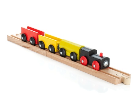 Wooden toy colored train  Isolated on white backgroundの写真素材