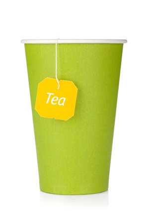 Cardboard tea cup with teabag. Isolated on white backgroundの写真素材