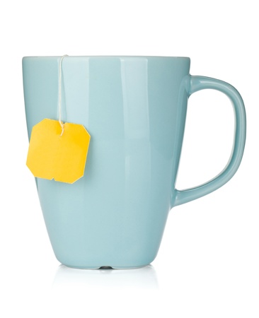 Tea cup with teabag  Isolated on white backgroundの写真素材