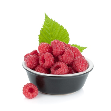 Ripe raspberry small bowl  Isolated on white backgroundの写真素材