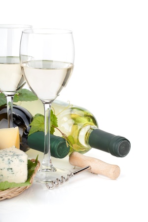 White wine, cheese and grape. Closeup. Isolated on white backgroundの写真素材