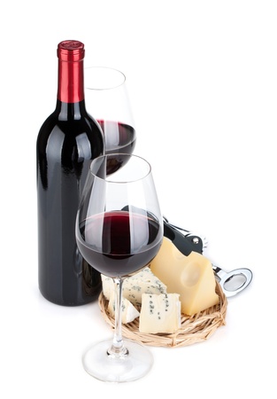 Red wine and cheese. Isolated on white backgroundの写真素材