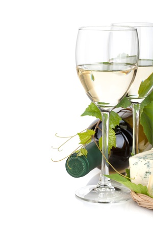 White wine glasses and cheese. Closeup. Isolated on white backgroundの写真素材