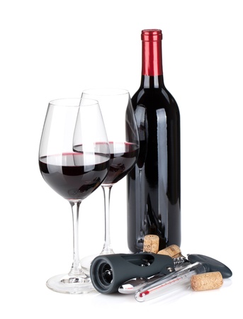 Red wine, corks and corkscrew. Isolated on white backgroundの写真素材