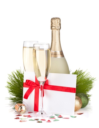 Champagne and gift letter. Isolated on white backgroundの写真素材