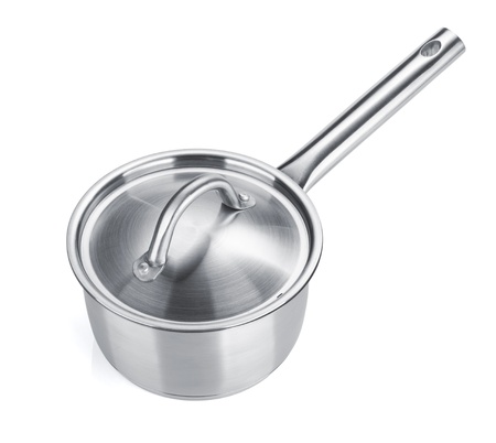 Stainless steel pot. Isolated on white backgroundの写真素材