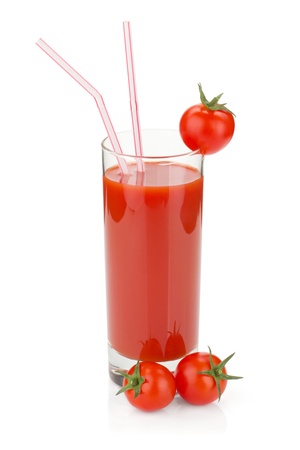 Tomato juice in a glass and cherry tomatoes. Isolated on white backgroundの写真素材