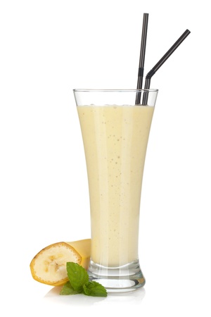 Banana milk smoothie with mint and drinking straws. Isolated on white backgroundの写真素材