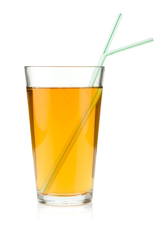 Apple juice in a glass with drinking straws. Isolated on white backgroundの写真素材