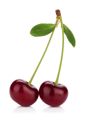 Two ripe cherries. Isolated on white backgroundの写真素材