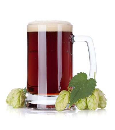 Dark beer mug and hop branch  Isolated on white backgroundの写真素材