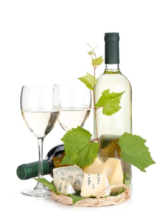 White wine, cheese and grape  Isolated on white backgroundの写真素材