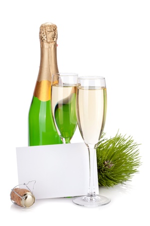 Champagne bottle, glasses and empty card  Isolated on white backgroundの写真素材
