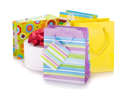 Colored gift bags and box  Isolated on white backgroundの写真素材