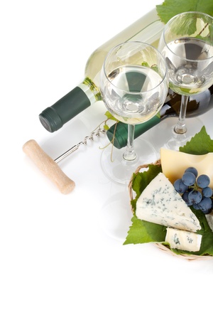 White wine, cheese and grape. Closeup. View from above. Isolated on white backgroundの写真素材