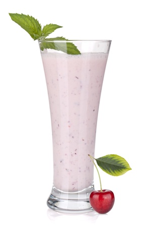 Cherry milk smoothie with mint. Isolated on white backgroundの写真素材