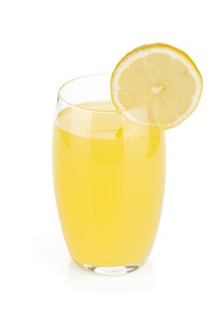 Lemon juice glass with lemon slice. Isolated on white backgroundの写真素材