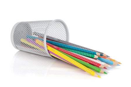 Various colour pencils in holder. Isolated on white backgroundの写真素材