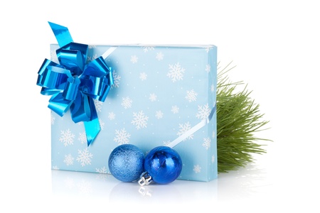 Christmas gift box, fir tree and decor. Isolated on white backgroundの写真素材