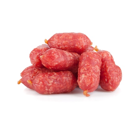 Mini sausages. Isolated on white backgroundの写真素材