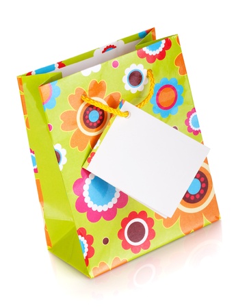 Colored gift bag. Isolated on white backgroundの写真素材