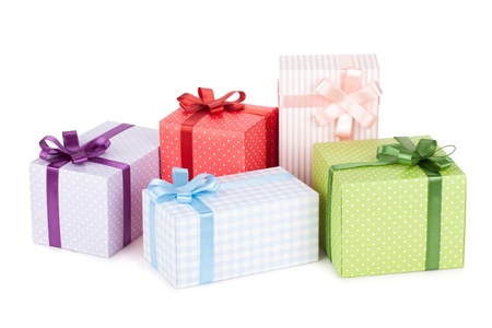 Colorful gift boxes with ribbon and bow. Isolated on white backgroundの写真素材