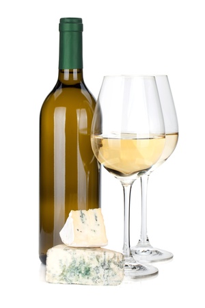 White wine and cheese. Isolated on white backgroundの写真素材