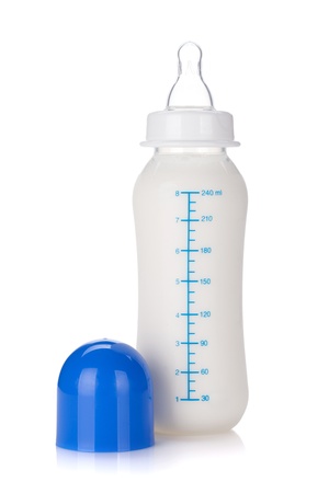 Baby bottle with milk for boy. Isolated on white backgroundの写真素材