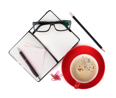 Coffee and office supplies. View from above. Isolated on white backgroundの写真素材