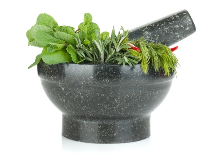 Fresh herbs in mortar. Isolated on white backgroundの写真素材