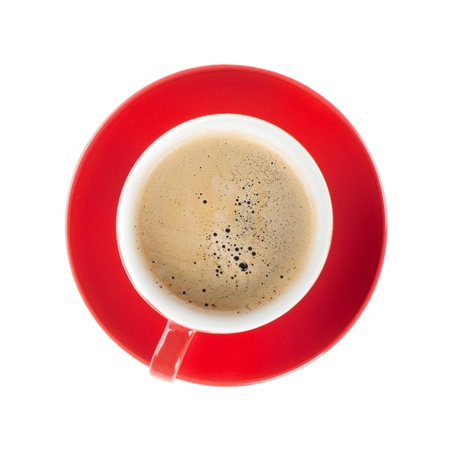 Red coffee cup. View from above. Isolated on white backgroundの写真素材