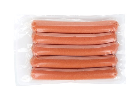 Five sausages pack. Isolated on white backgroundの写真素材