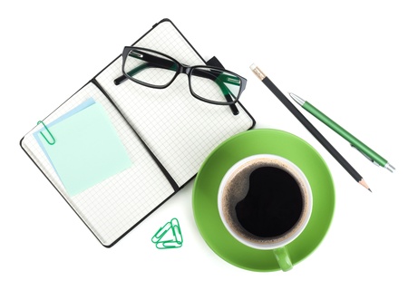 Coffee cup and office supplies. View from above. On white backgroundの写真素材