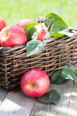 Fresh ripe red apples in basketの写真素材
