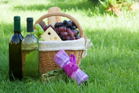 Outdoor picnic basket with bread, cheese and grape and wine bottles on lawnの写真素材
