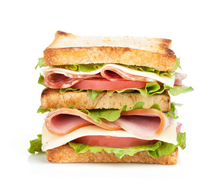 Toast sandwich with meat and vegetables. Isolated on white backgroundの写真素材