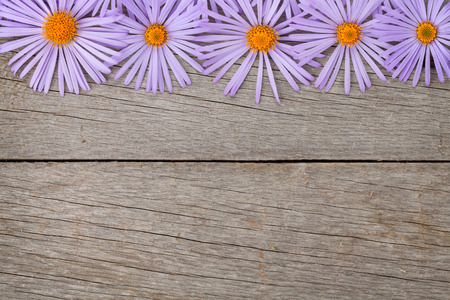 Wooden background with blue flowers and copy spaceの写真素材
