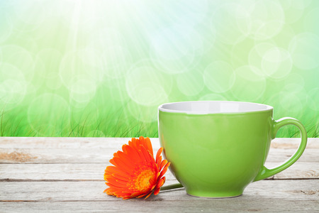 Cup of coffee and gerbera on wooden table with sunny bokehの写真素材