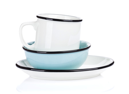 Empty clean plate, bowl and cup. Isolated on white backgroundの写真素材